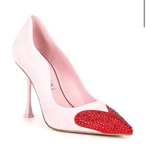 TheaTwo Suede Rhinestone Heart Scalloped Pointed Toe Pumps
